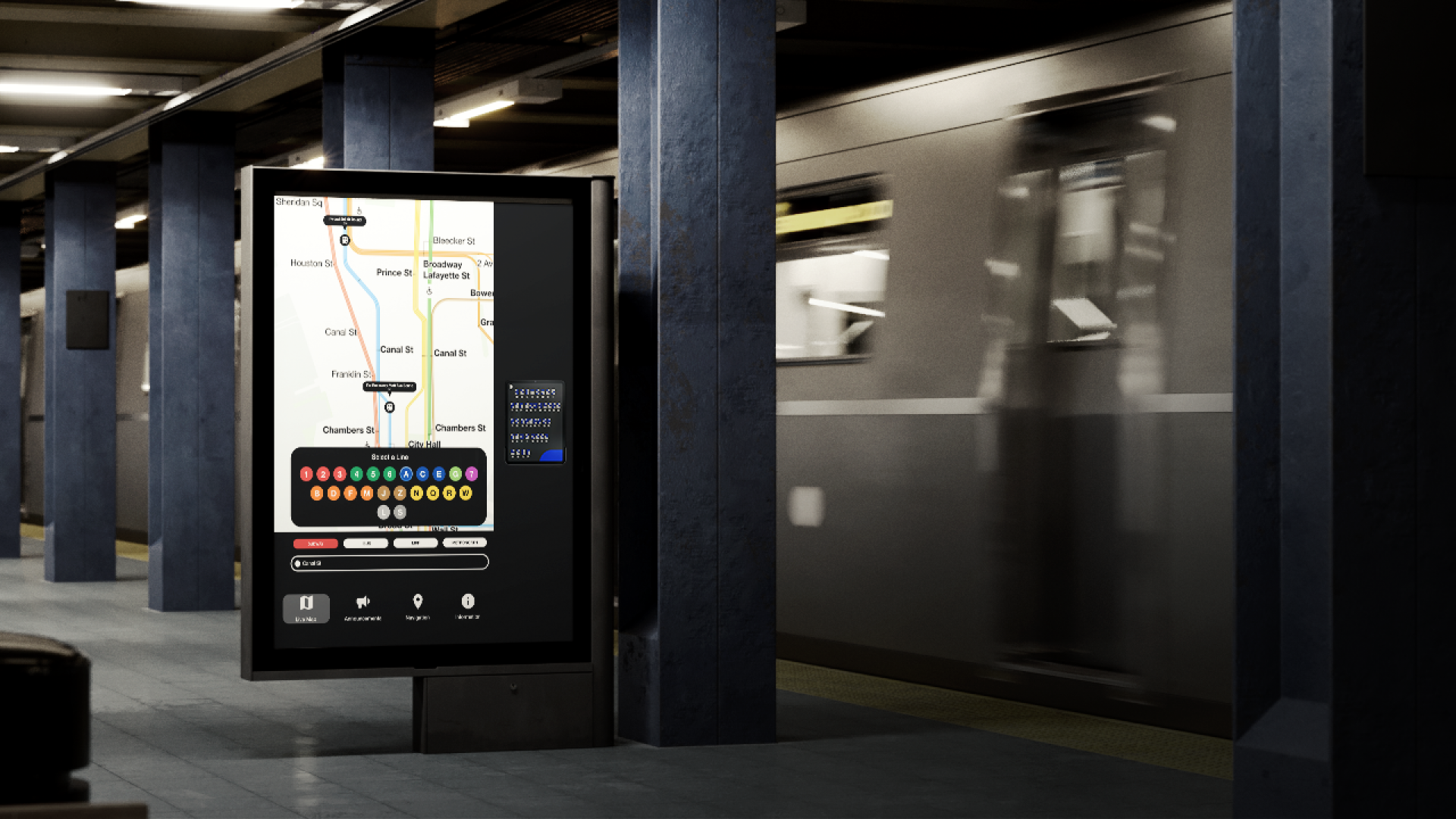 MTA kiosk in subway station showing map along with train lines