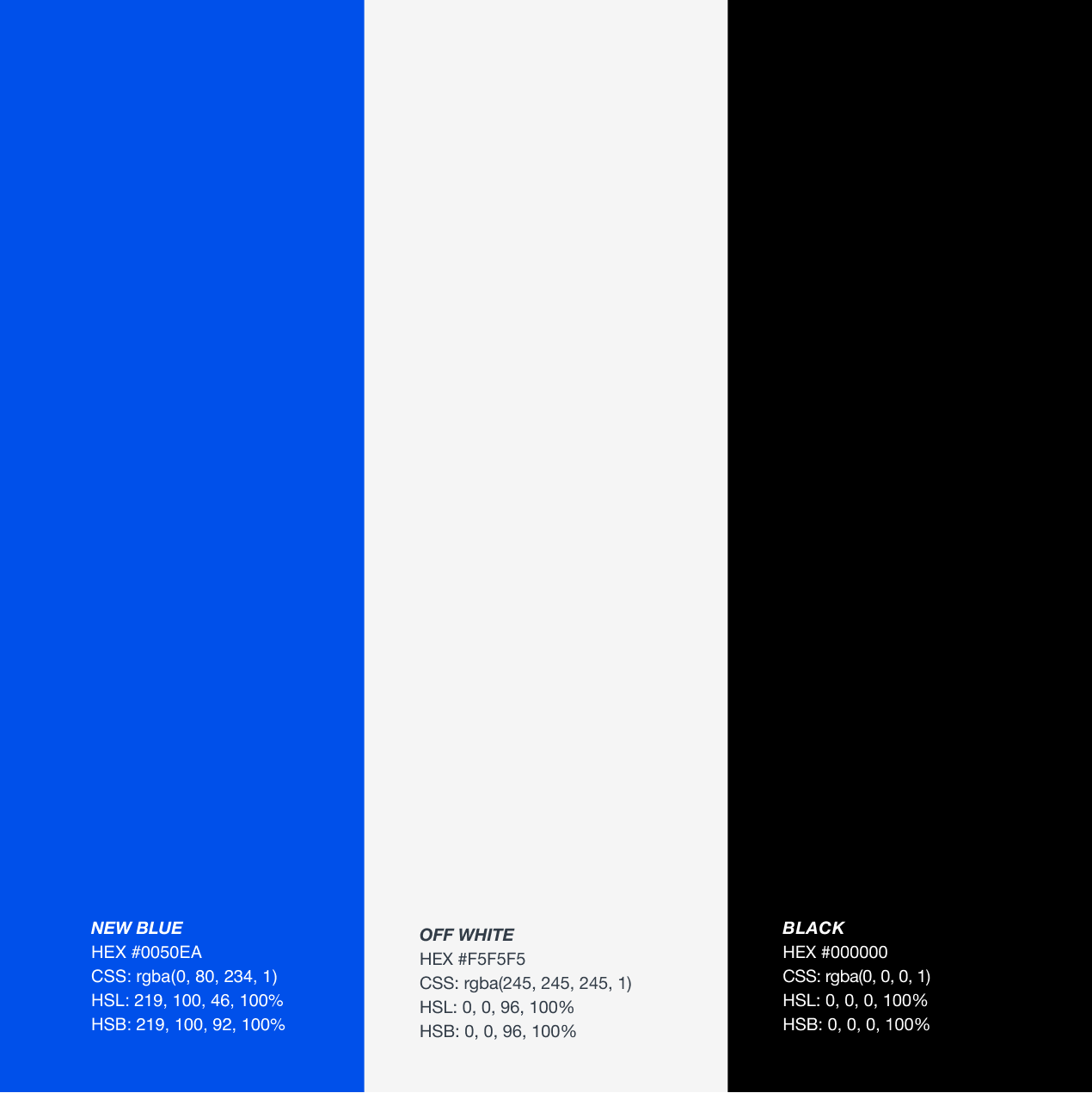 Primary colors of design system - new blue, off white, and black
