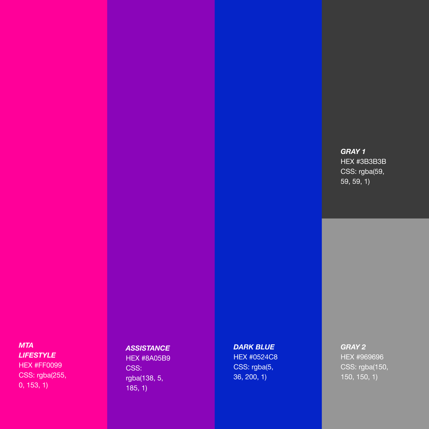 tertiary colors used for accents - pink, purple, dark blue, dark grey, and medium grey