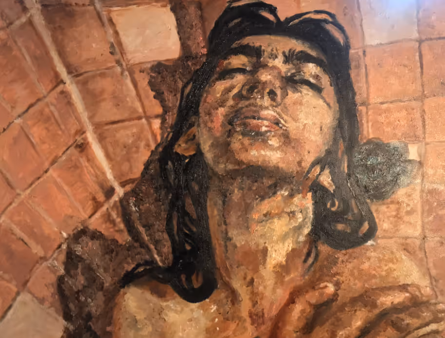 Close-up of a textured painting of a person with closed eyes and head tilted back against a tiled background.