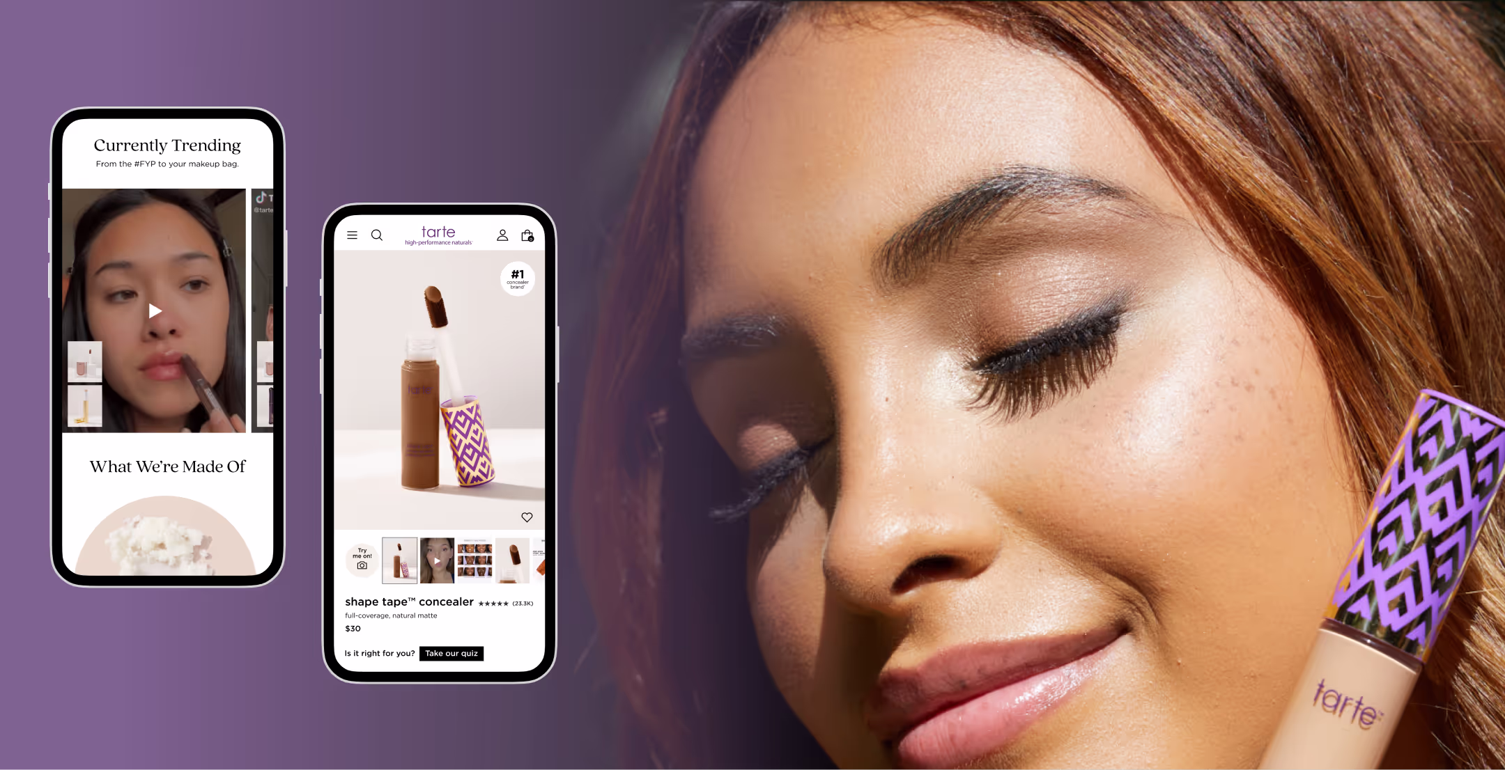 Site designs of Tarte on phone to the left, while a woman is holding a Tarte concealer to the right