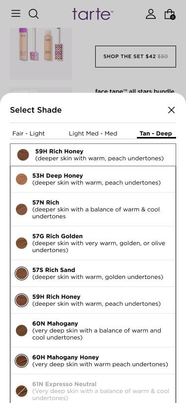 Select shade drawer with various shades pops up when change shade in sticky footer is selected