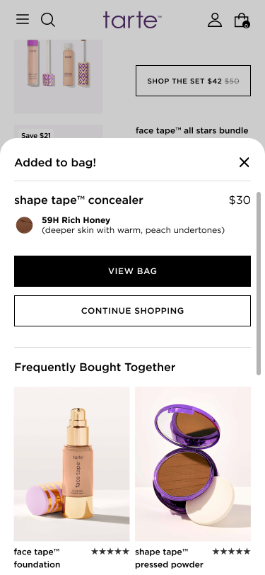 Screen with drawer - product has been added to bag