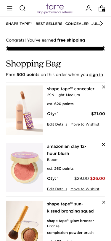 Shopping bag page with various products