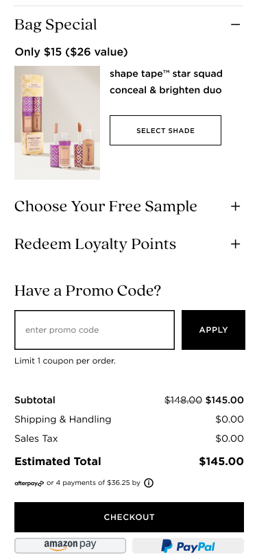 Bottom of shopping bag page has checkout button