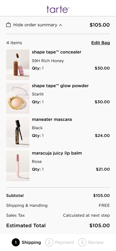 Order summary page, first step is shipping 