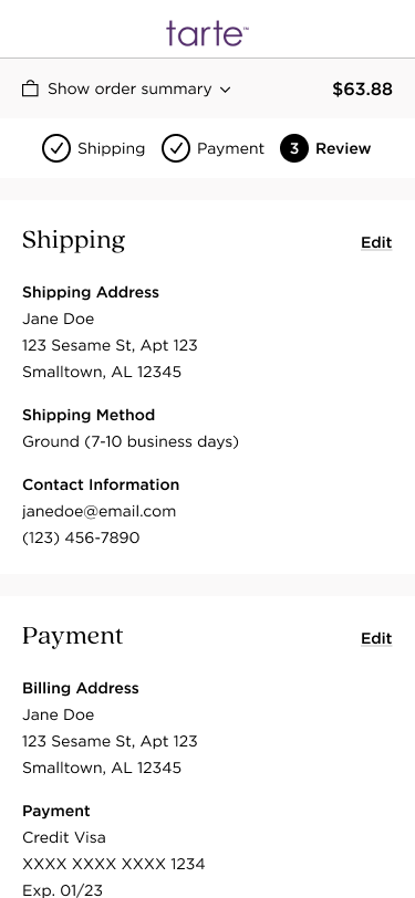 Order summary page, last step is review