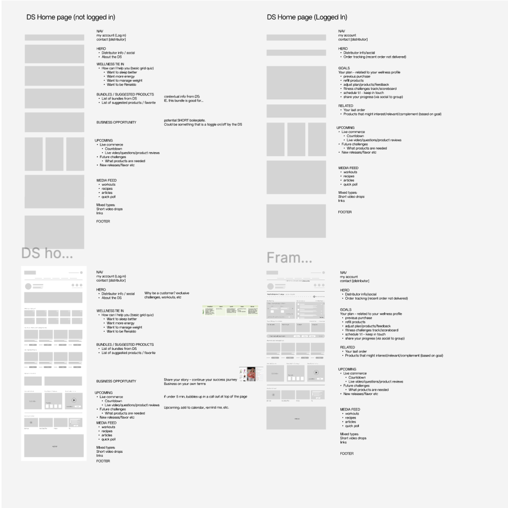 Wireframe layouts comparing DS Home page versions for logged out and logged in users, showing sections for navigation, hero content, wellness tips, product bundles, business opportunity, upcoming events, media feed, and footer.