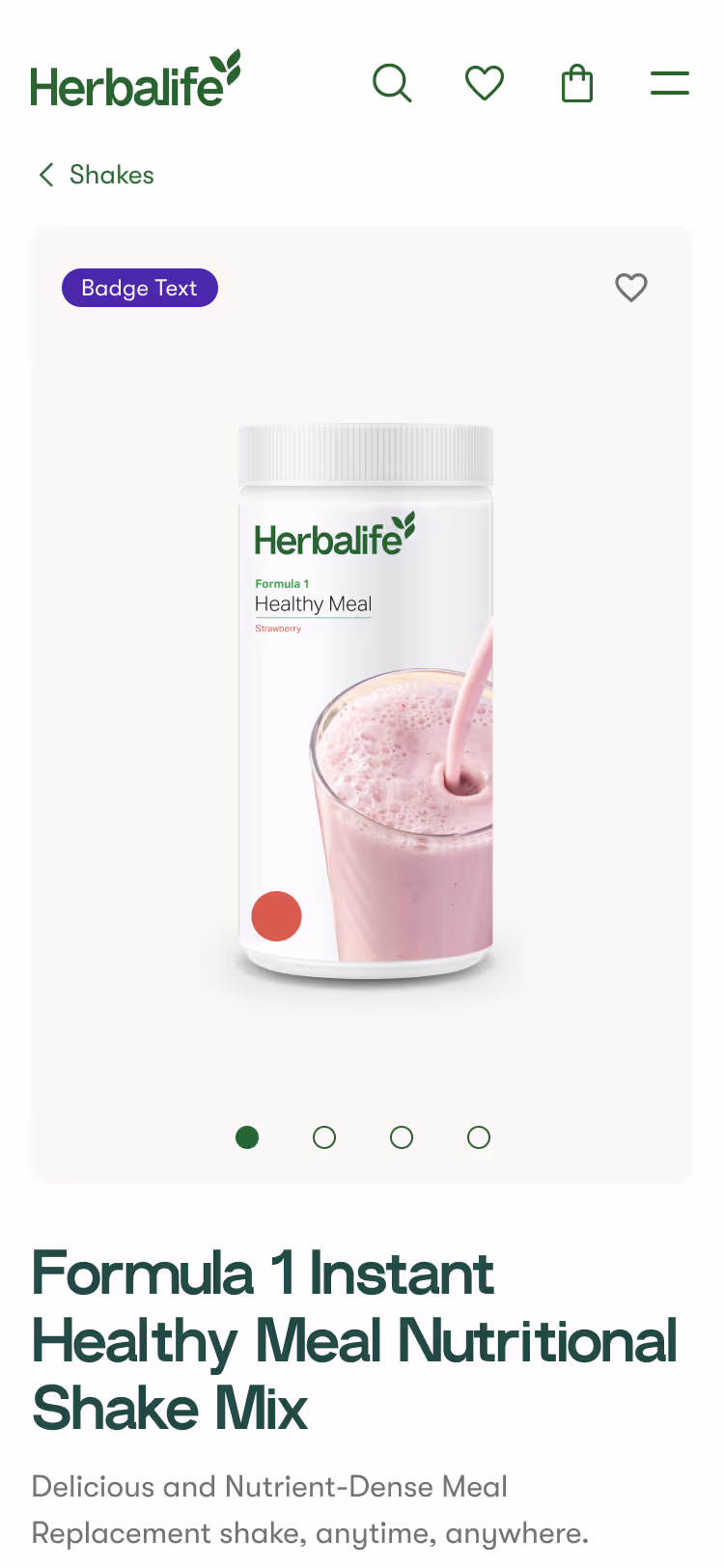 Product display page of Herbalife Formula 1 Healthy Meal Strawberry shake mix container with pink shake