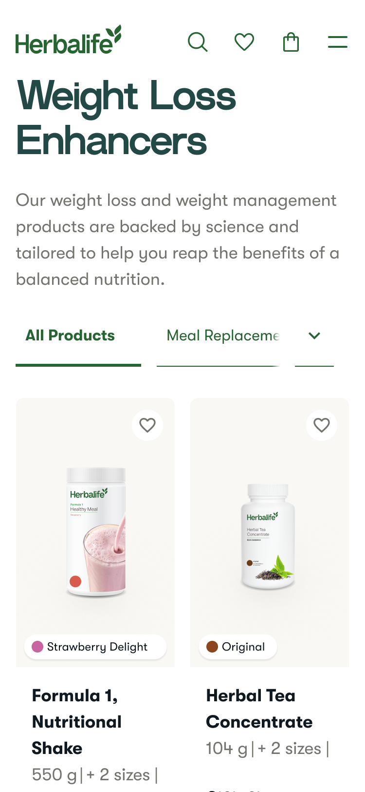Herbalife weight loss enhancers page showing Formula 1 Strawberry Delight nutritional shake and Herbal Tea Concentrate original flavor products.