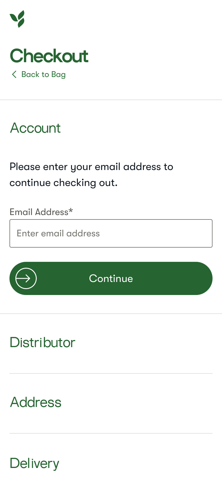 Checkout page requesting email address to continue with account, includes green continue button and sections for distributor, address, and delivery.