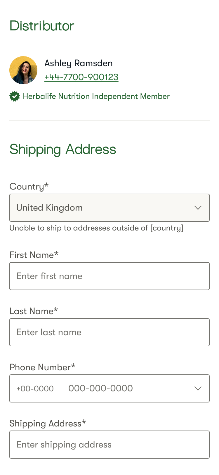 Distributor contact card for Ashley Ramsden and Herbalife Nutrition Independent Member badge, followed by a shipping address form with fields for country, first name, last name, phone number, and shipping address.