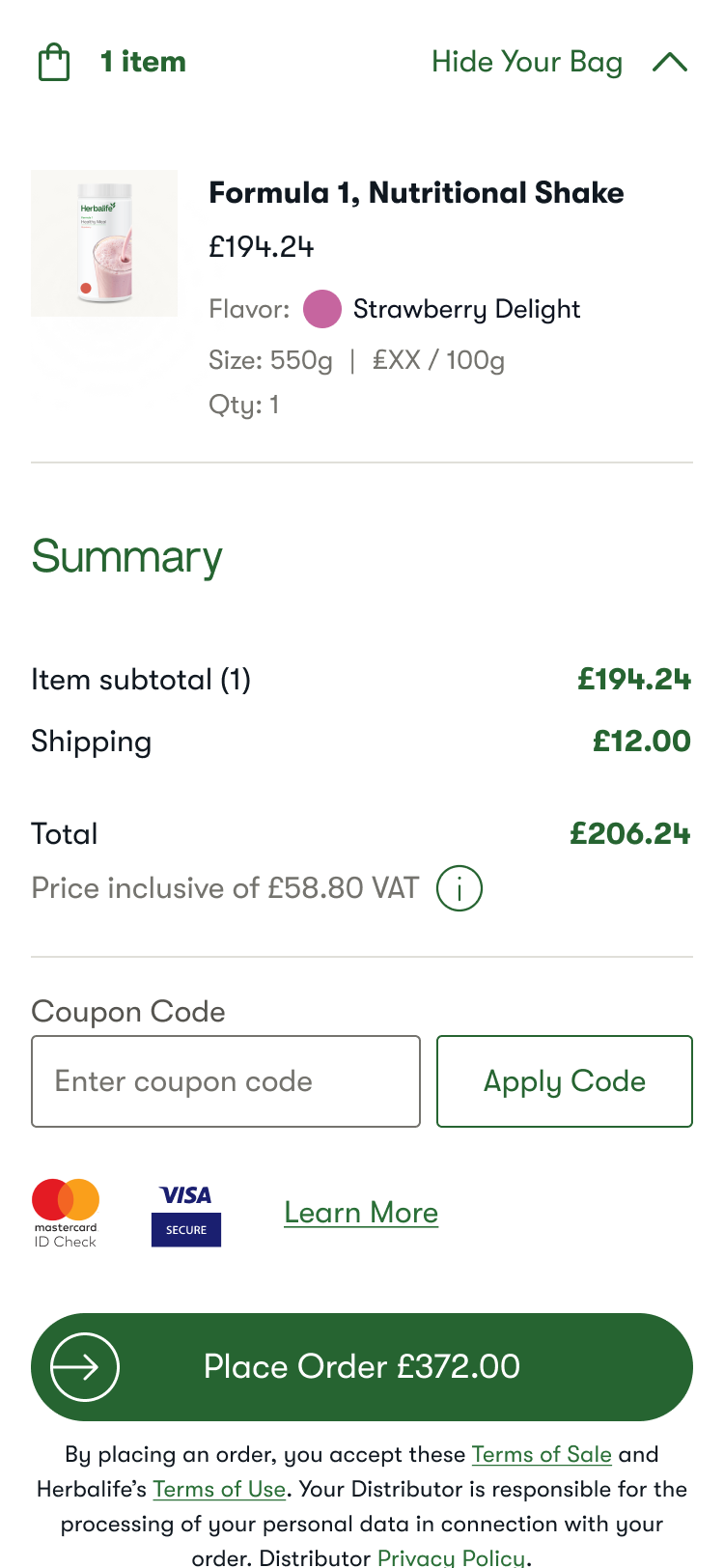 Online shopping cart showing one item: Herbalife Formula 1 Nutritional Shake, Strawberry Delight flavor, priced at £194.24 with subtotal, shipping £12.00, total £206.24, and a Place Order button for £372.00.
