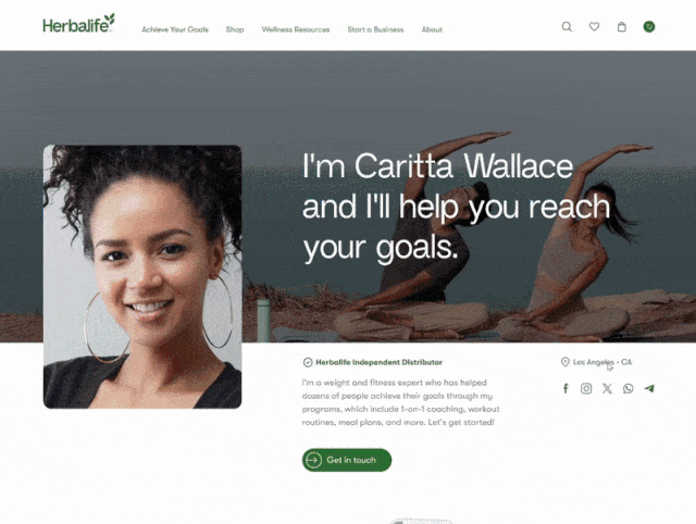 Gif showcasing Herbalife distributor homepage featuring Caritta Wallace with a photo of her smiling and text about helping people reach their goals.