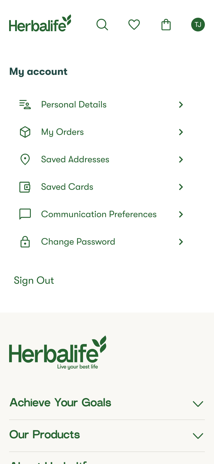 Herbalife account menu showing options for personal details, orders, saved addresses, saved cards, communication preferences, change password, and sign out.