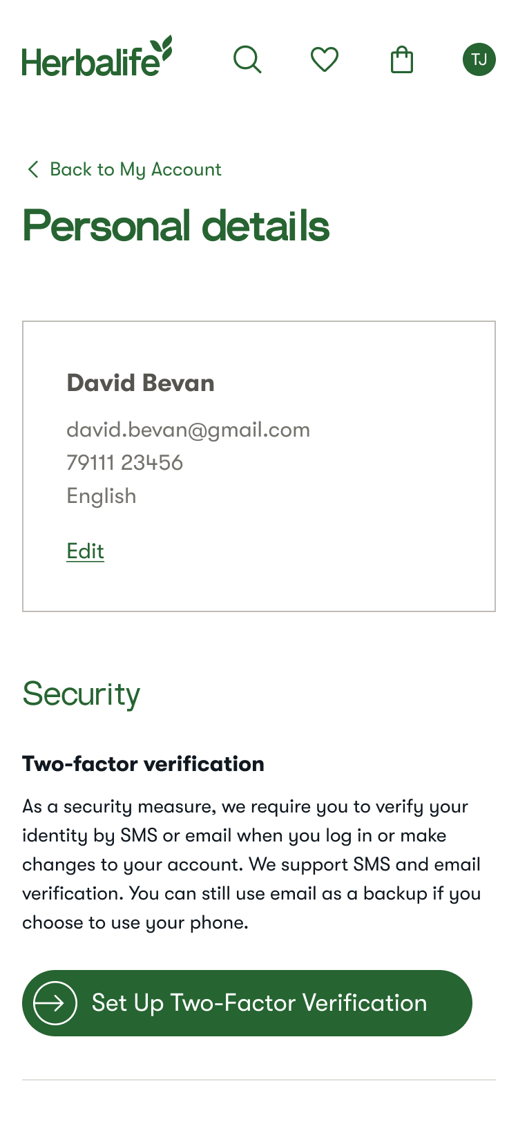 Herbalife personal details page showing user name David Bevan, email, phone number, language preference, and a button to set up two-factor verification.