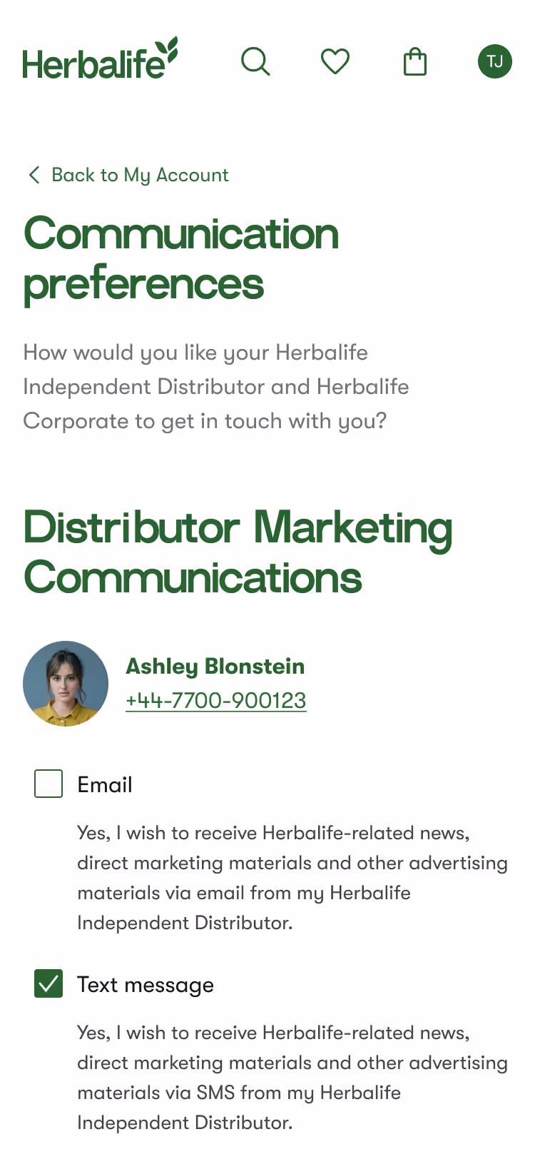 Herbalife communication preferences page showing contact options for distributor Ashley Blonstein with phone number and checkboxes for receiving marketing via email or text message, text message selected.