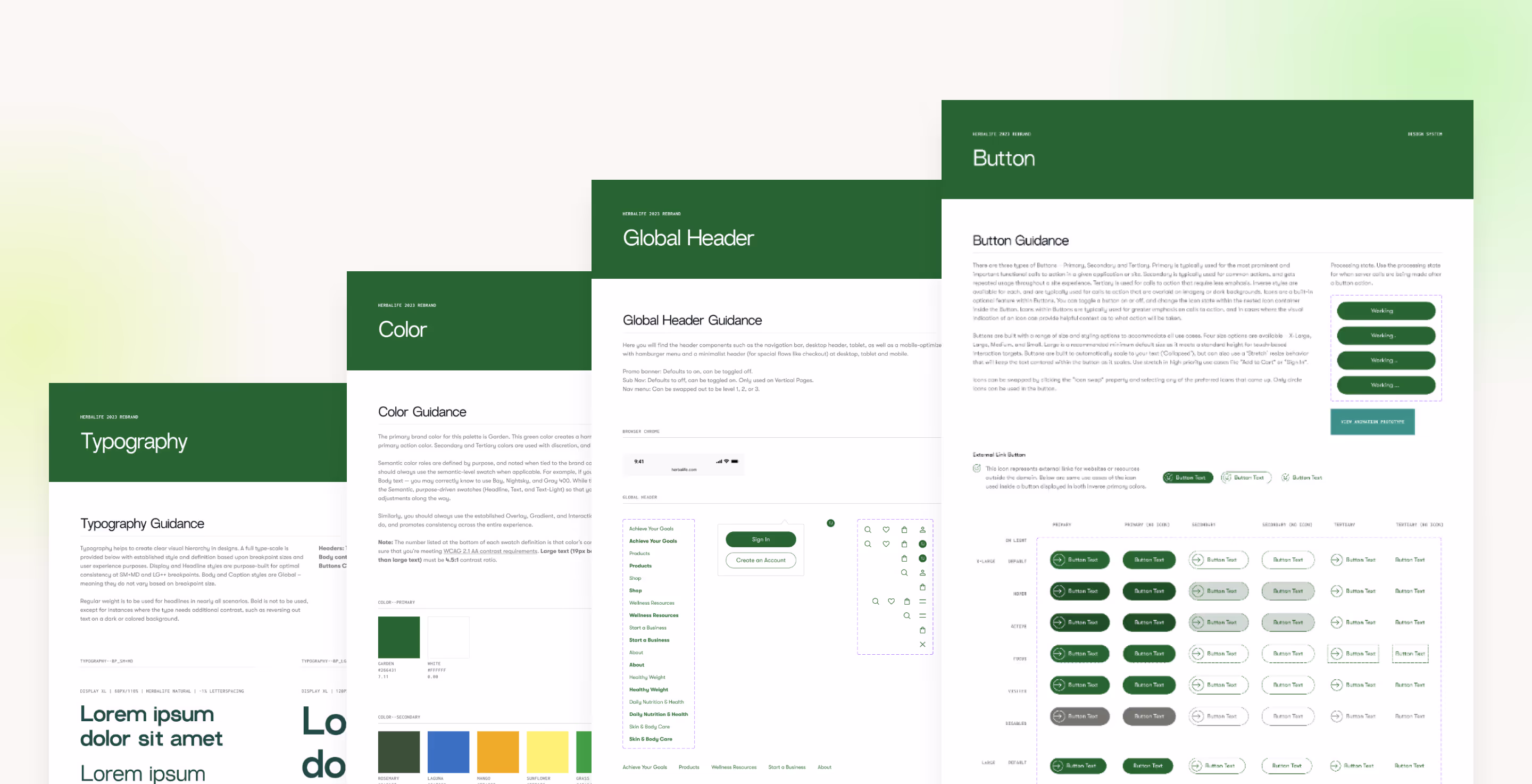 Pages of the design system on top of cream background with green radials on both sides