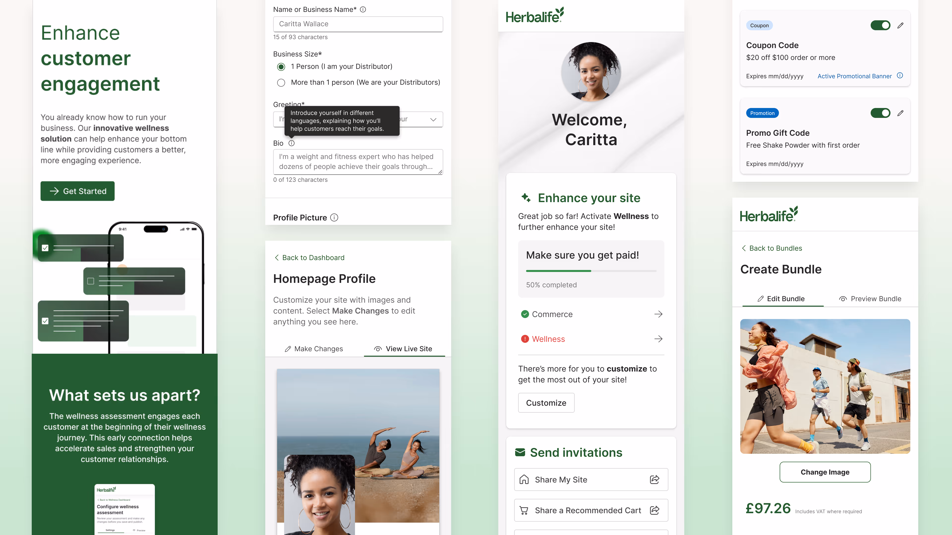 MyHL Site builder interface showing onboarding, user profile creation, site customization, and bundle creation with images of people exercising outdoors.