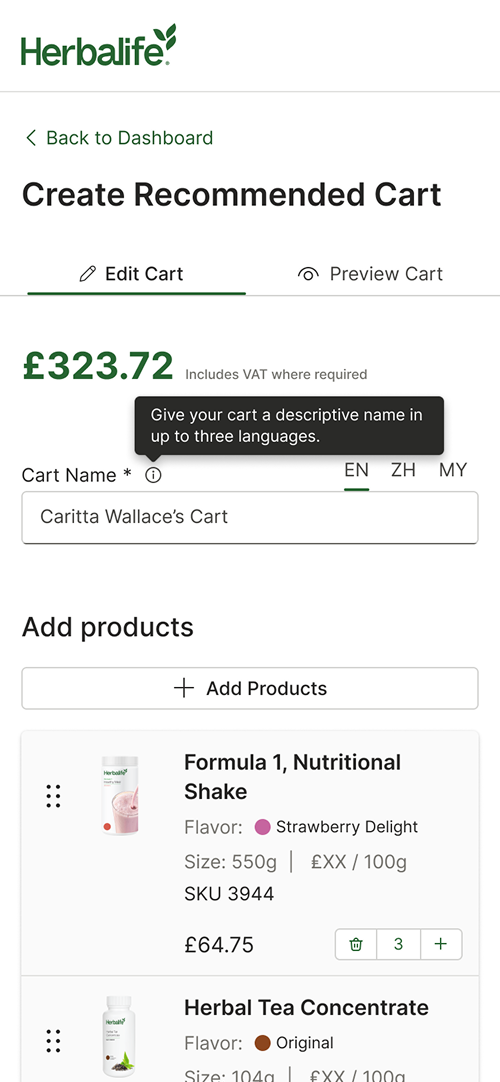 Create Recommended Cart page showing a cart named Caritta Wallace’s Cart  listing Formula 1 Nutritional Shake and Herbal Tea Concentrate products with flavor and size details.