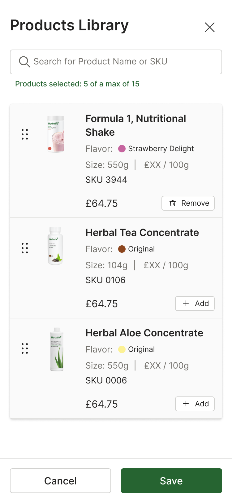 Products Library modal showing 3 products: Formula 1 Nutritional Shake Strawberry Delight flavor, Herbal Tea Concentrate Original flavor, and Herbal Aloe Concentrate Original flavor, with options to add or remove