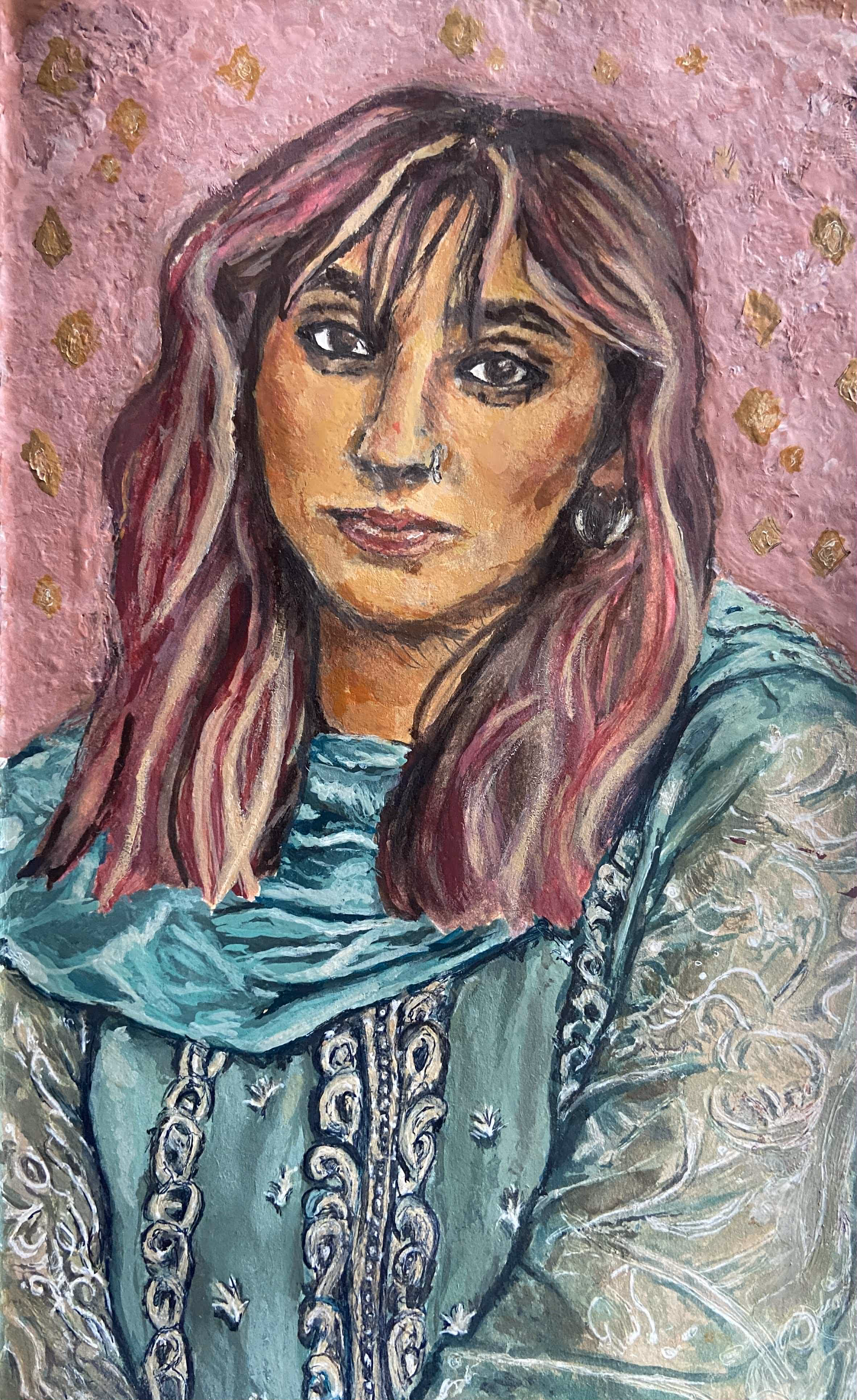 Portrait painting of a woman with long pink and purple hair wearing a detailed teal shalwar kameez against a textured pink background with gold accents.