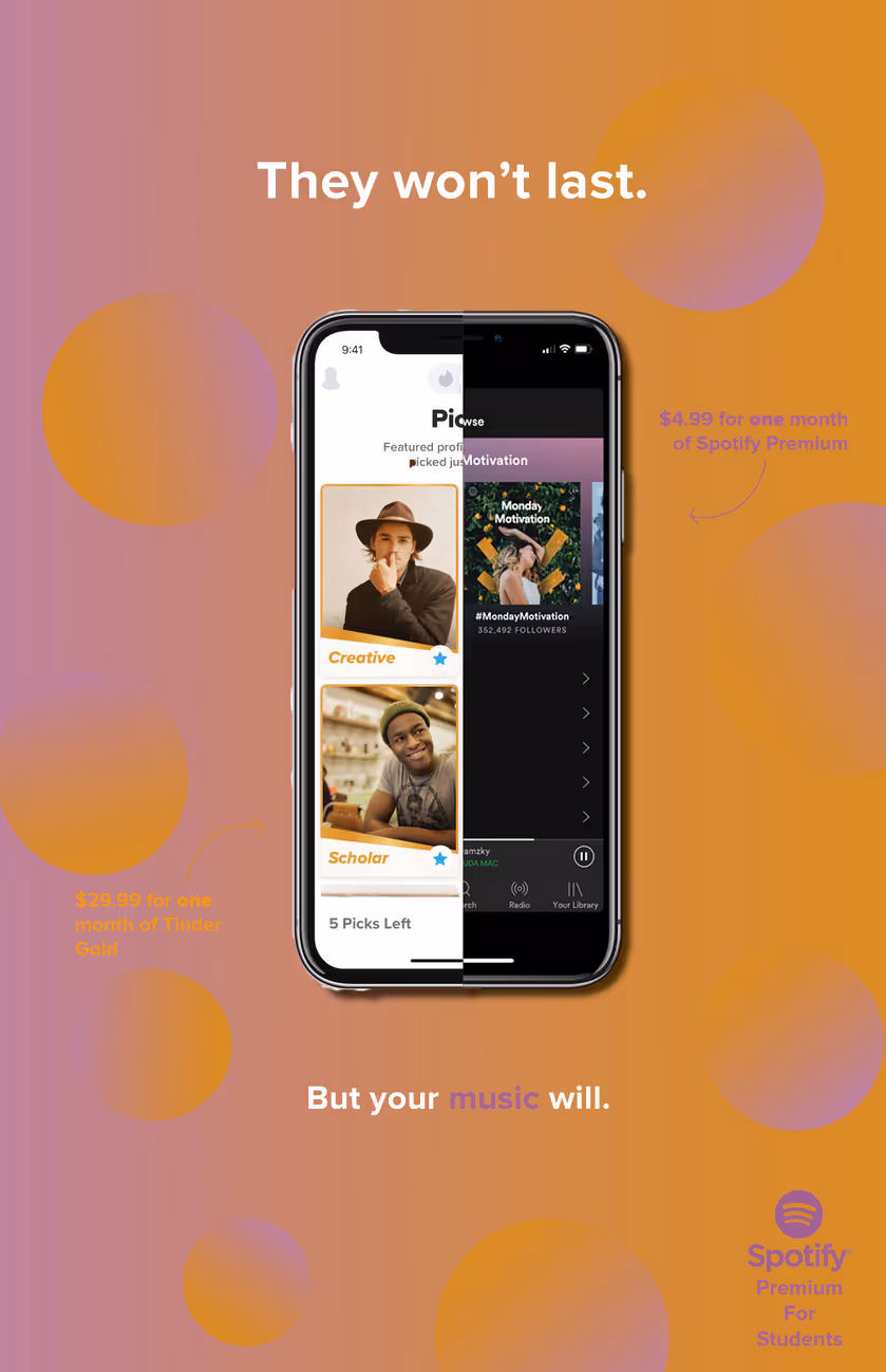 Smartphone split showing Tinder app on left and Spotify app on right, with text highlighting cheaper music subscription for students.