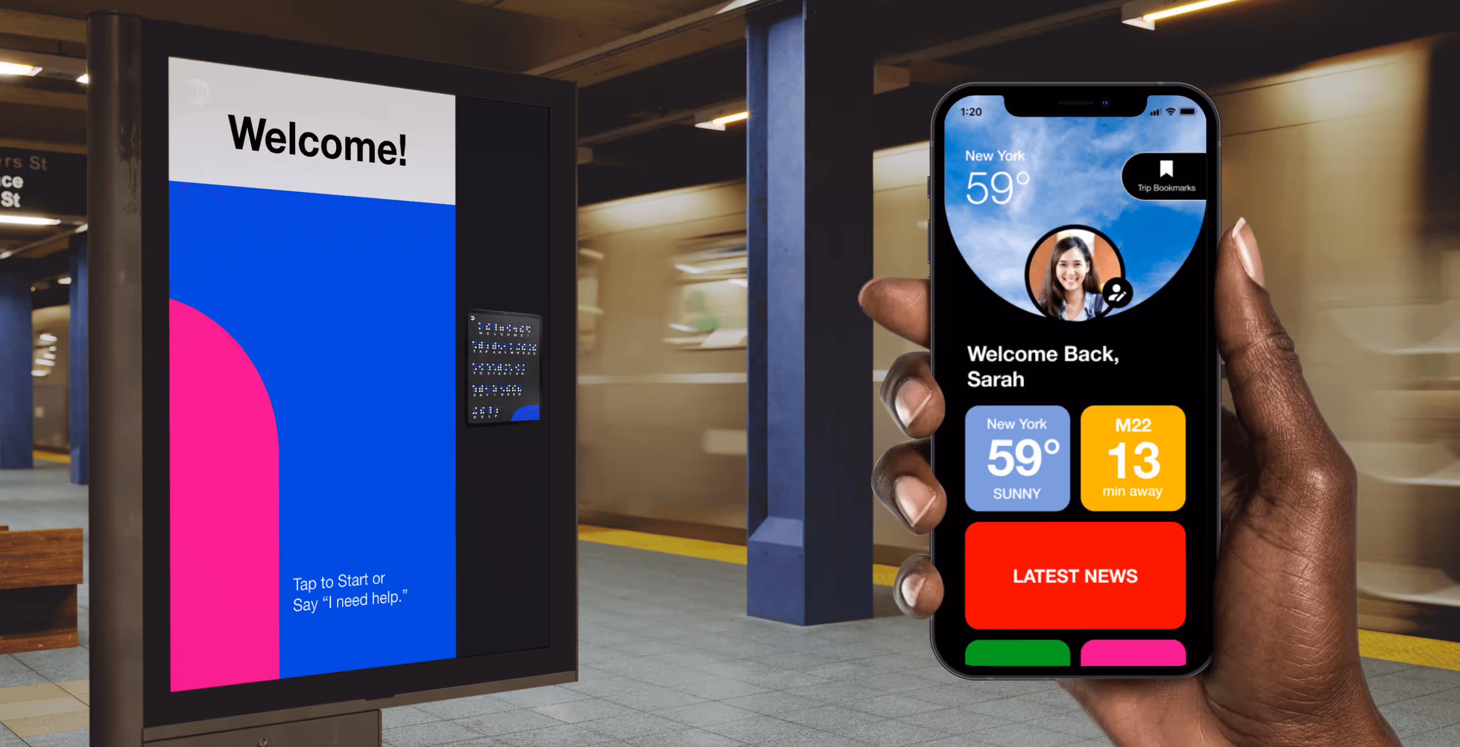 Hand holding smartphone displaying MTA Riders app concept with weather, arrival time, and news, next to a MTA information kiosk.