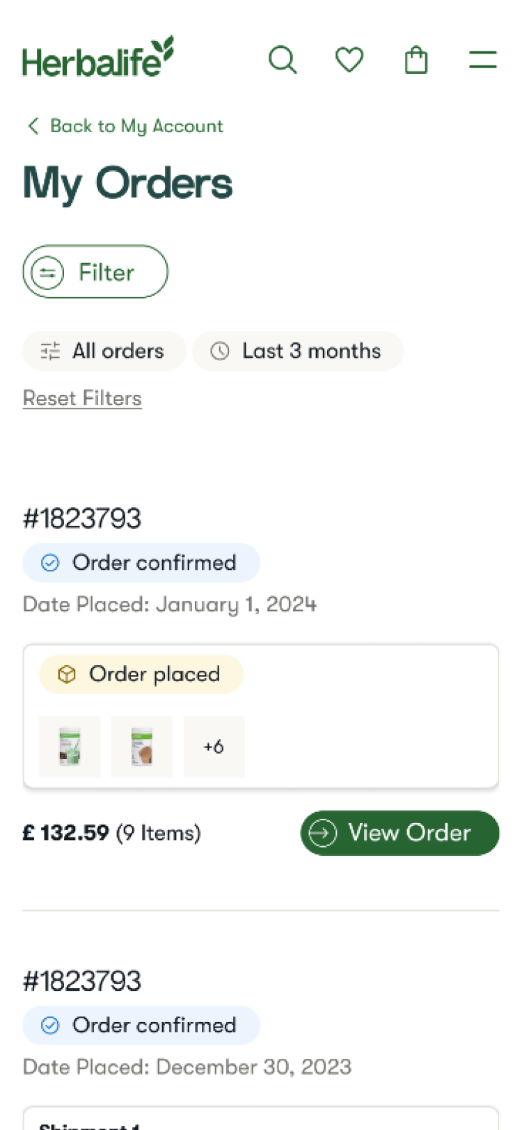 Herbalife account menu showing options for personal details, orders, saved addresses, saved cards, communication preferences, change password, and sign out.