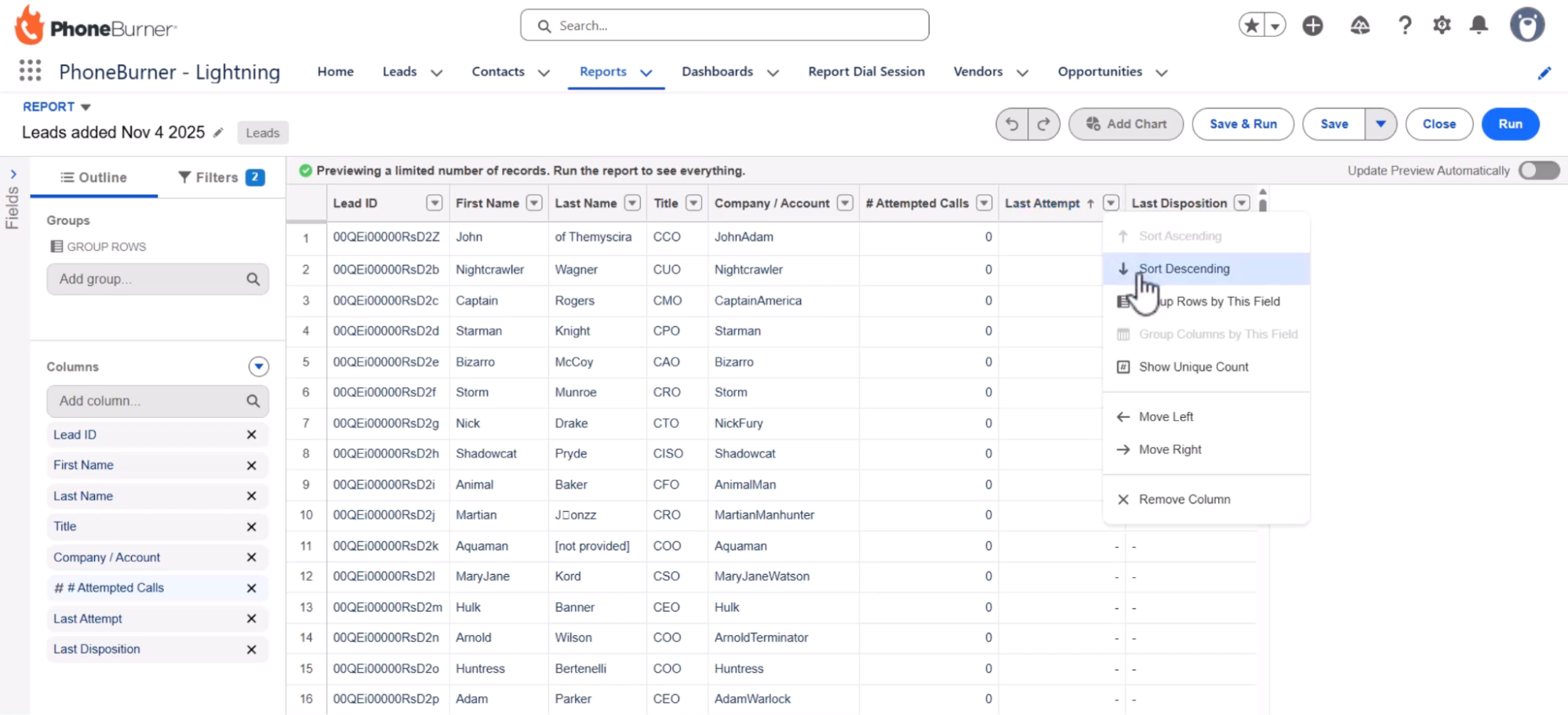Screenshot showing viewer using the PhoneBurner + Salesforce integration to build a report they can dial from