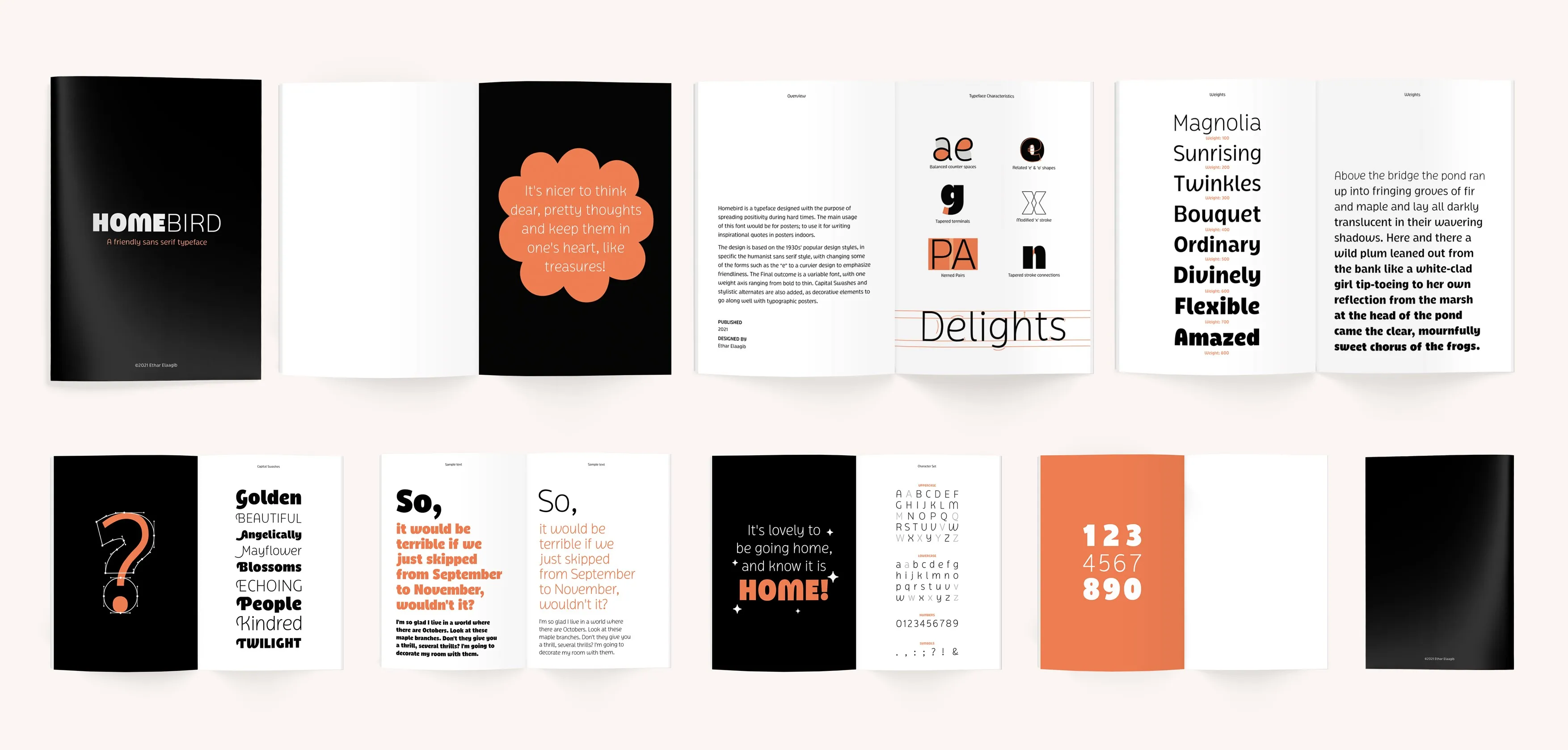 Homebird typeface presented in a 16-page type specimen.