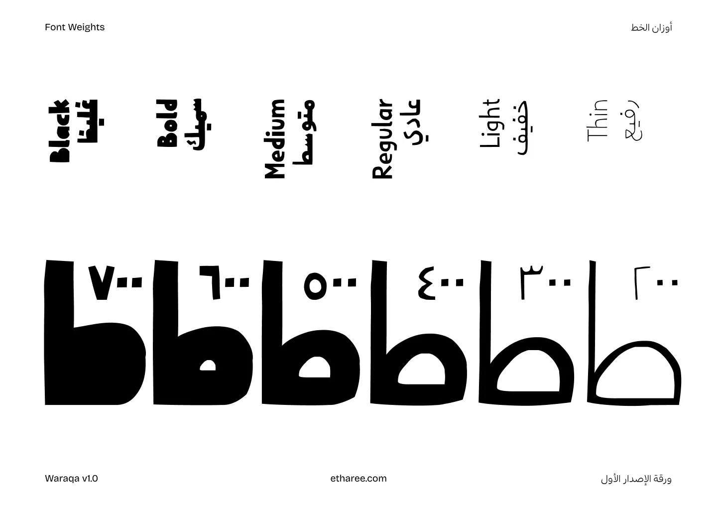 Font weight samples from Thin to Black shown in English and Arabic with corresponding shapes below.