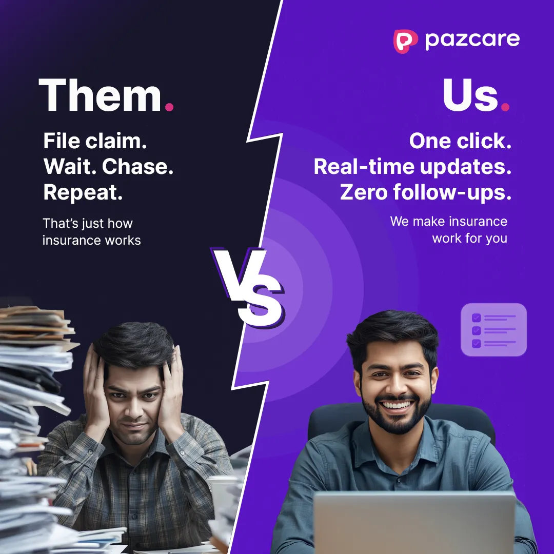 Split image showing stressed man overwhelmed by paperwork on the left with text 'Them. File claim. Wait. Chase. Repeat.' and smiling man using laptop on the right with text 'Us. One click. Real-time updates. Zero follow-ups.'