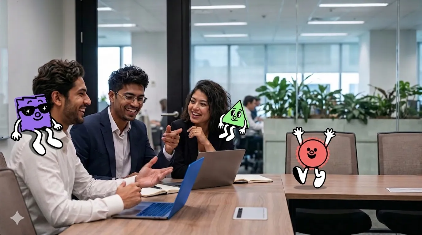 Three business people smiling and talking around a table with laptops and cartoon shapes added.