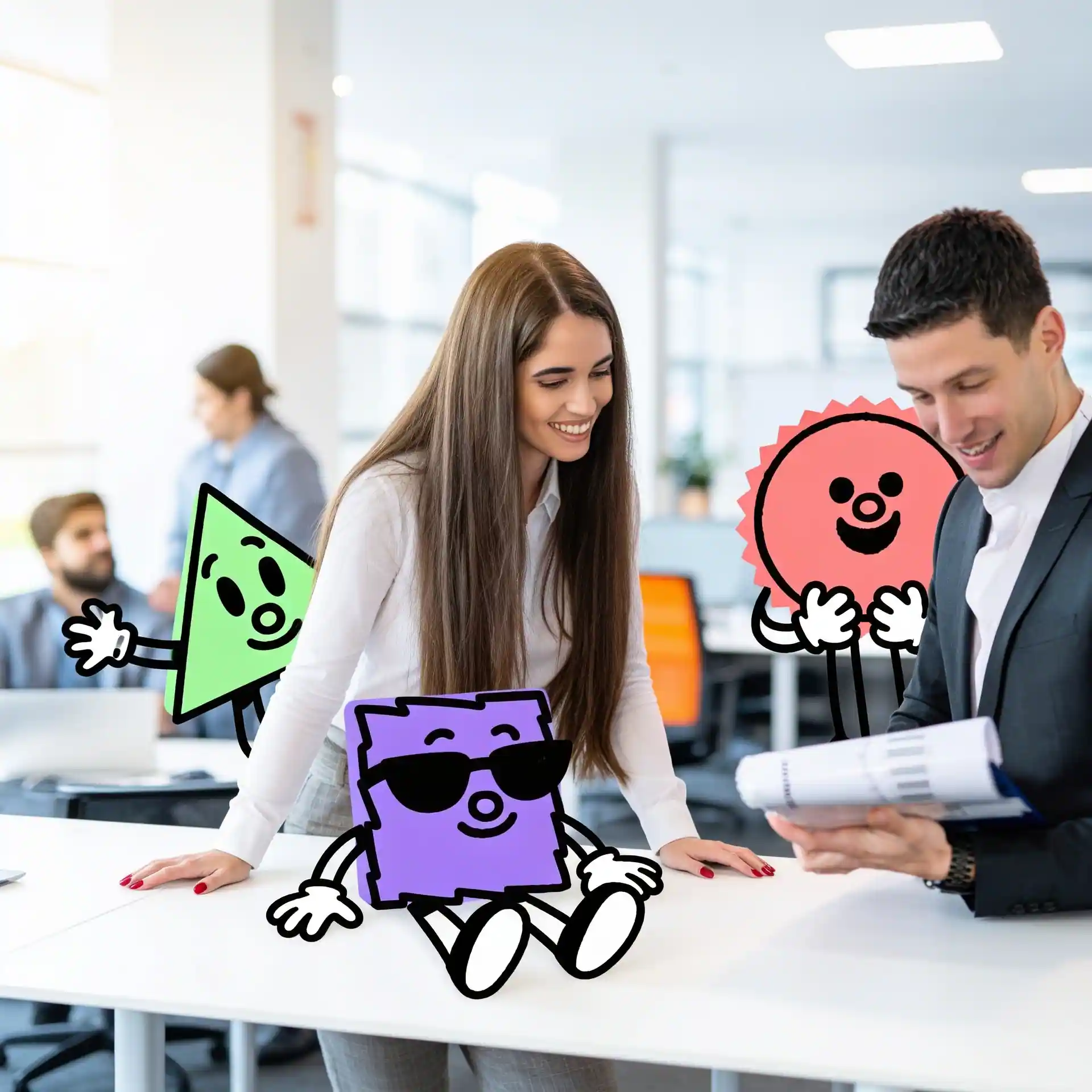 A smiling woman and man in office with three colorful cartoon shapes: triangle, square, and circle.