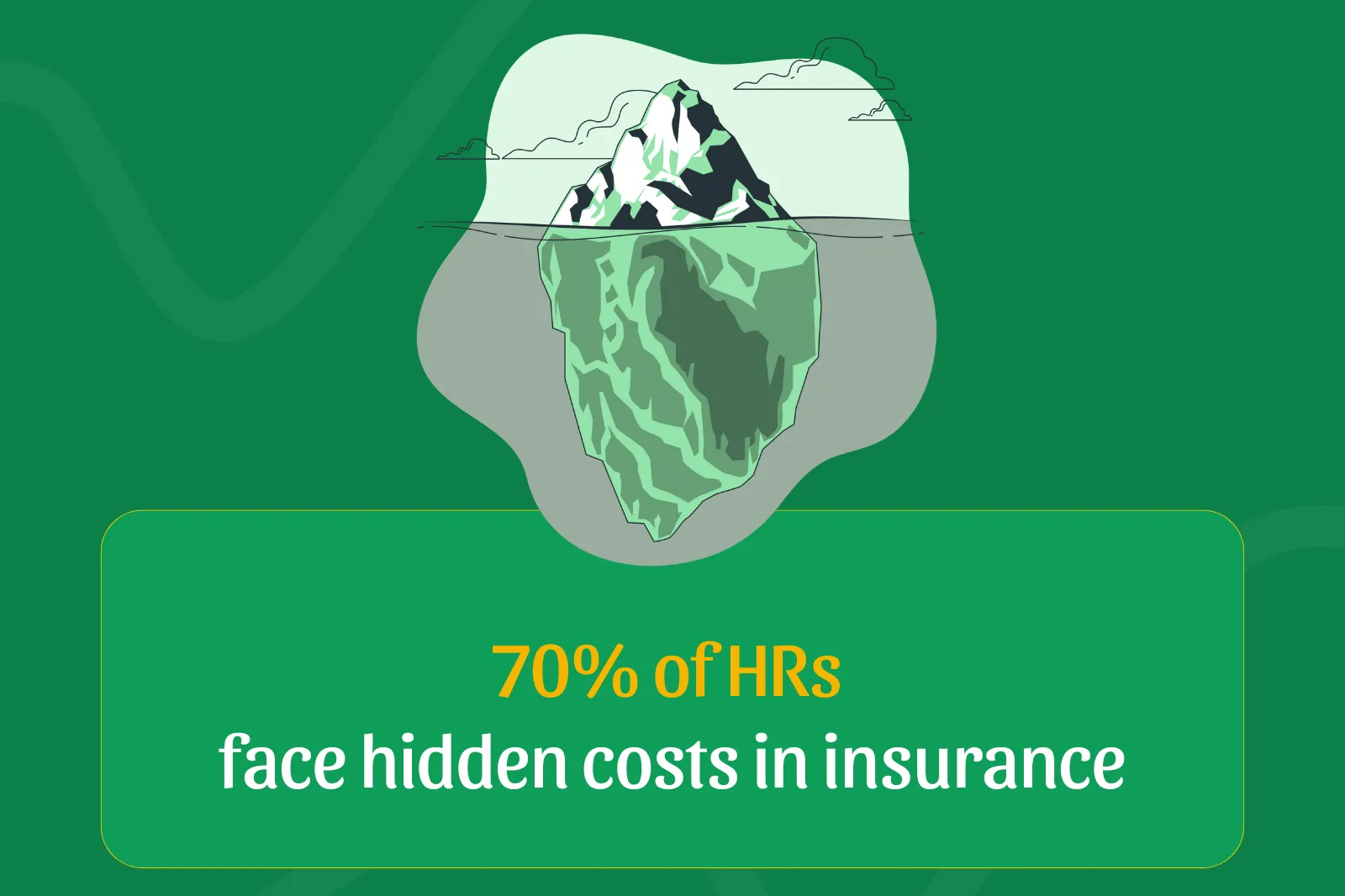 "An iceberg illustration showing the top visible above water and a larger hidden portion below, symbolising hidden costs in group health insurance faced by 70% of HR professionals.