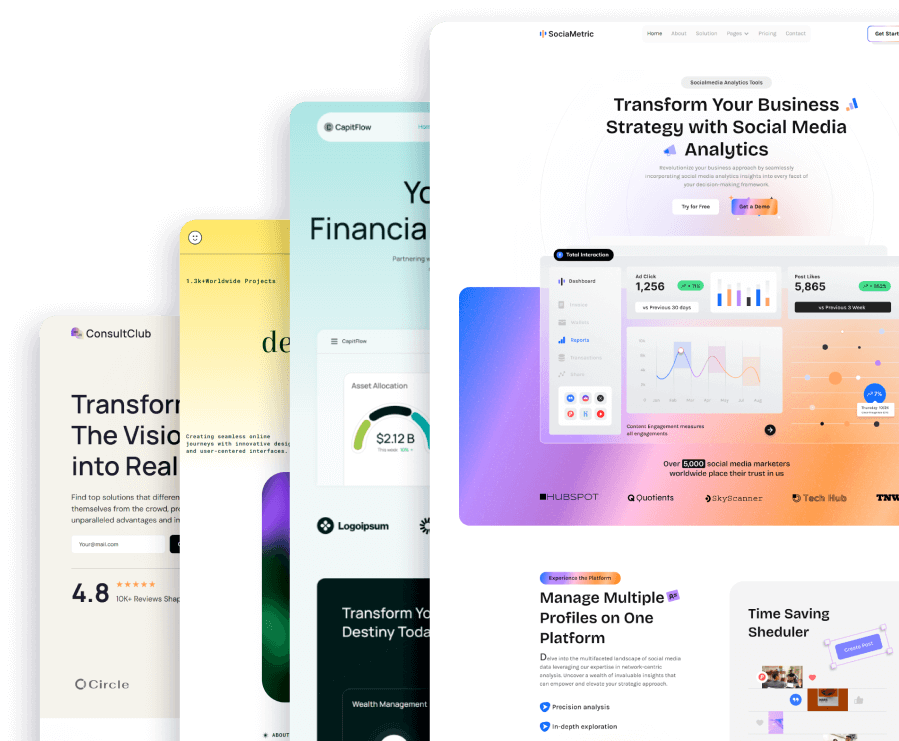 A layered collage of digital marketing and finance web dashboard interfaces showcasing social media analytics, project management, financial data, and scheduling tools.