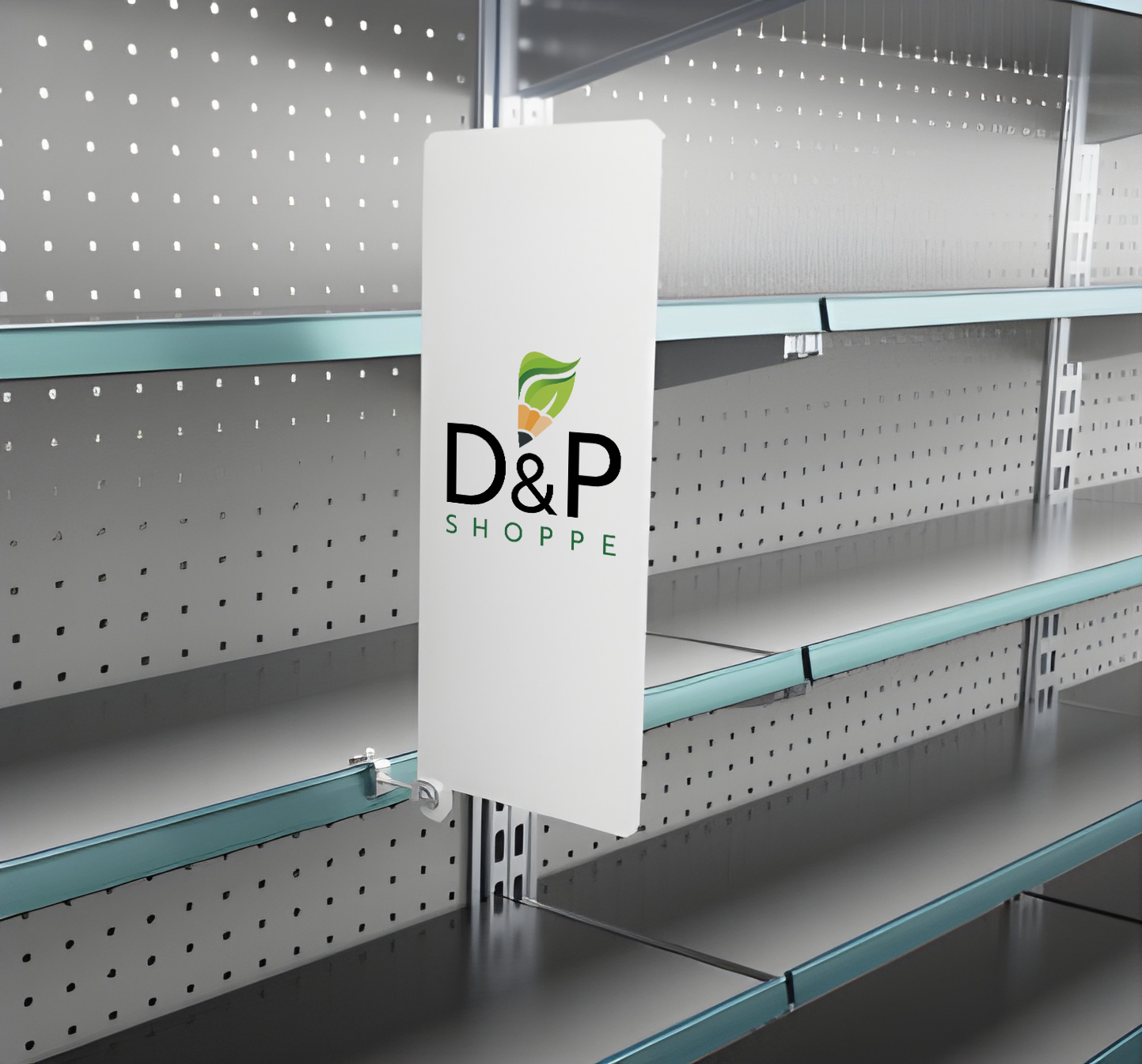 Empty metal retail shelves with a white aisle wing sign displaying the D&P Shoppe logo featuring a pencil and green leaf design.