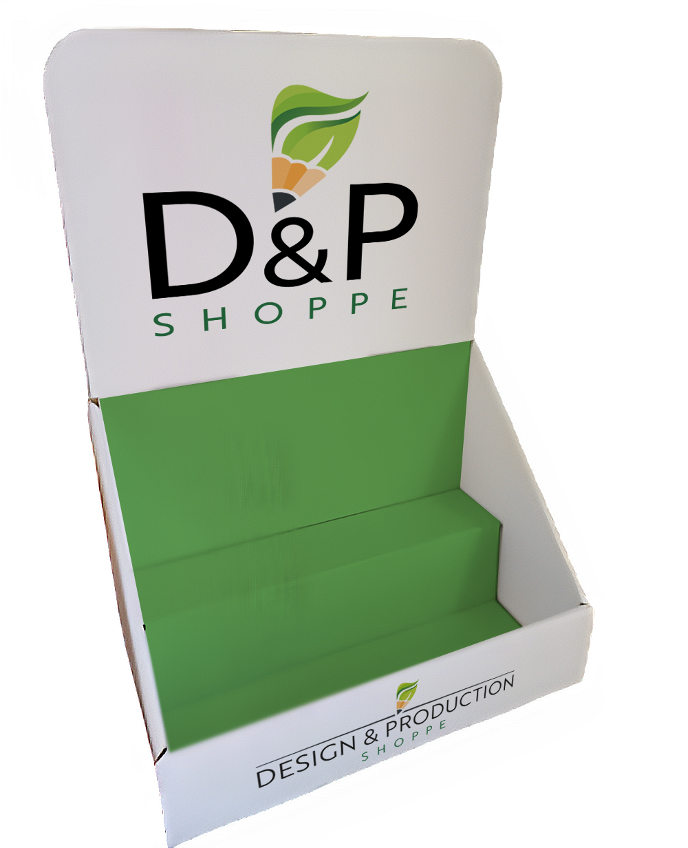 White and green empty retail display box with D&P Shoppe logo and Design & Production Shoppe branding.