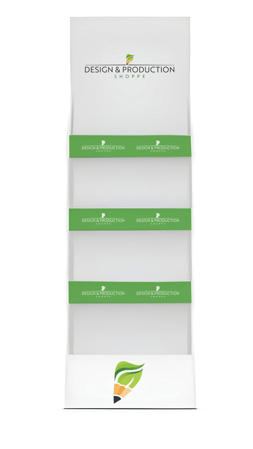 Empty white display shelf with green branded strips and Design & Production Shoppe logo featuring a pencil with a green leaf tip.