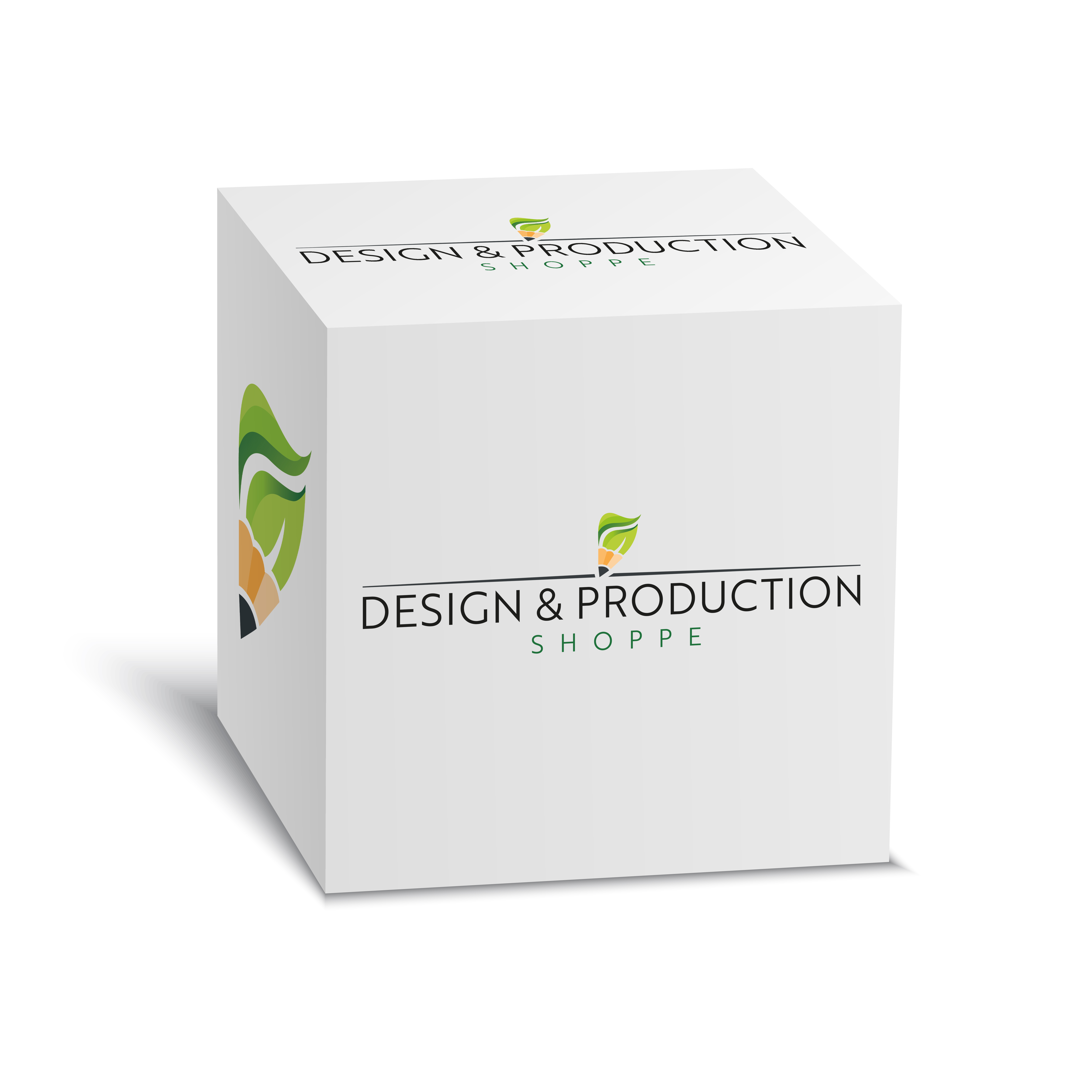 White cube with 'Design & Production Shoppe' logo and leaf and pencil graphic on three visible sides.