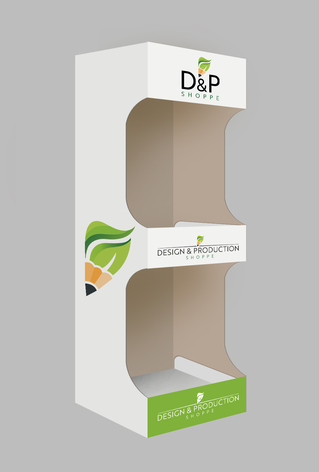 Empty white promotional cardboard display stand with green accents and logos for D&P Shoppe and Design & Production Shoppe.