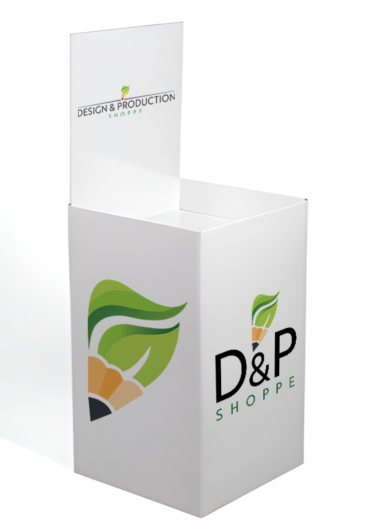 White rectangular dump bin with a green leaf and pencil logo and text reading D&P Shoppe and Design & Production Shoppe.