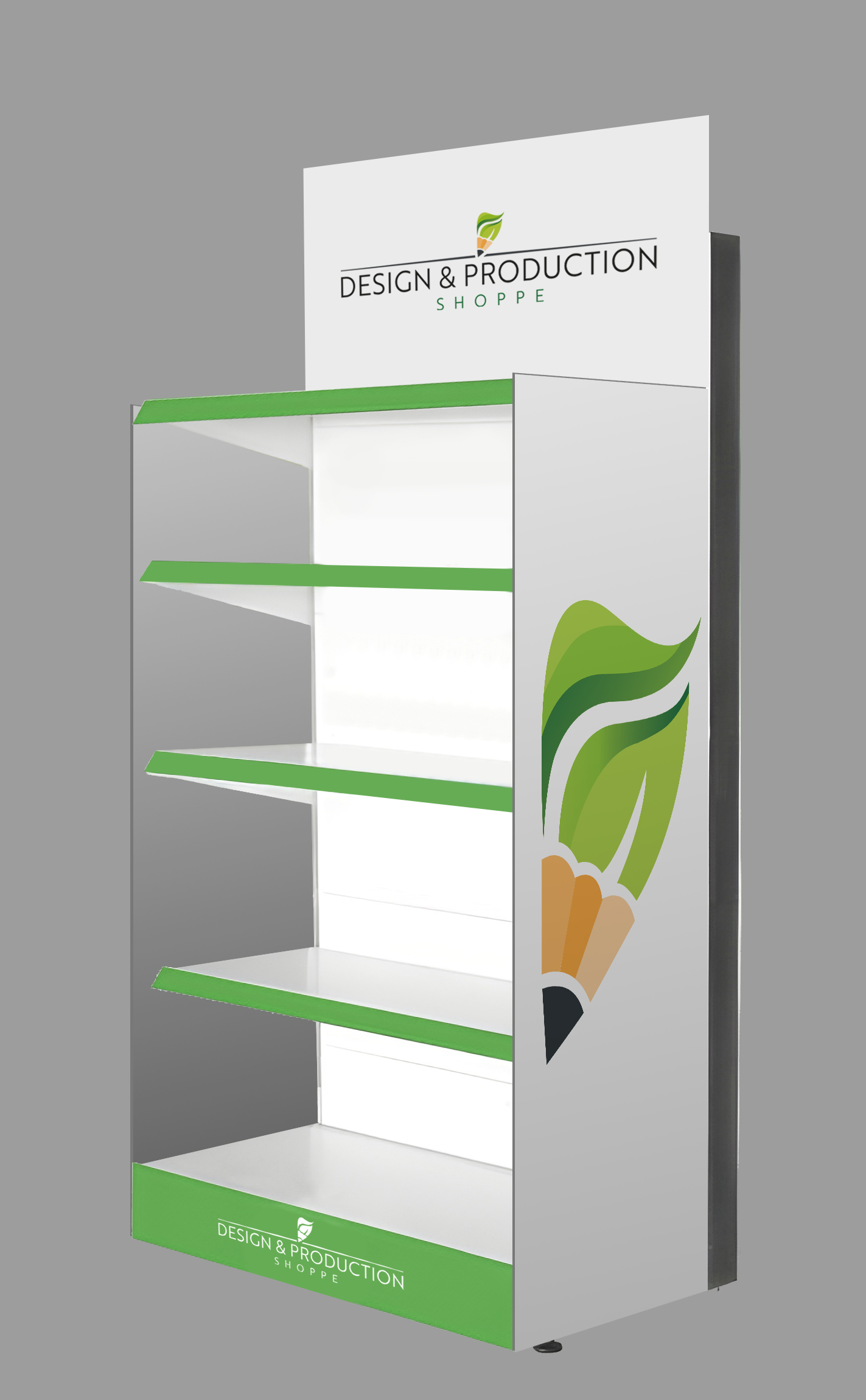 White and green retail display stand with four shelves and Design & Production Shoppe logo featuring a pencil with green leaves.