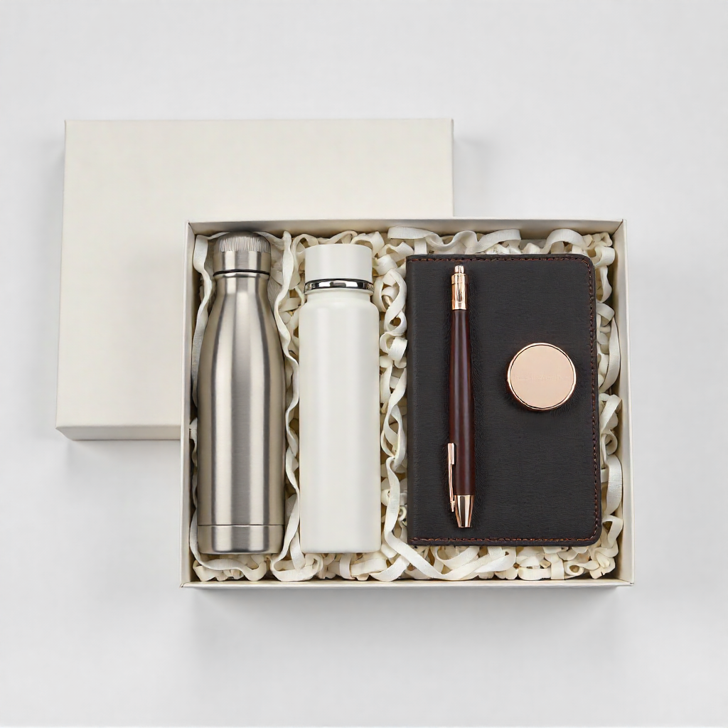 A gift kit of a stainless steel water bottle, notebook and pen