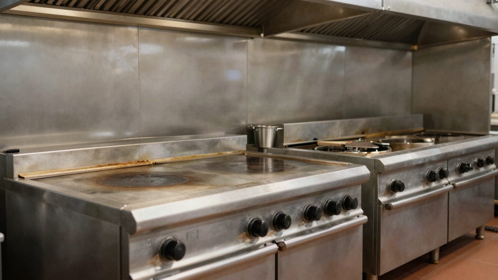 A commercial kitchen cook line with stainless ranges and a flat top griddle