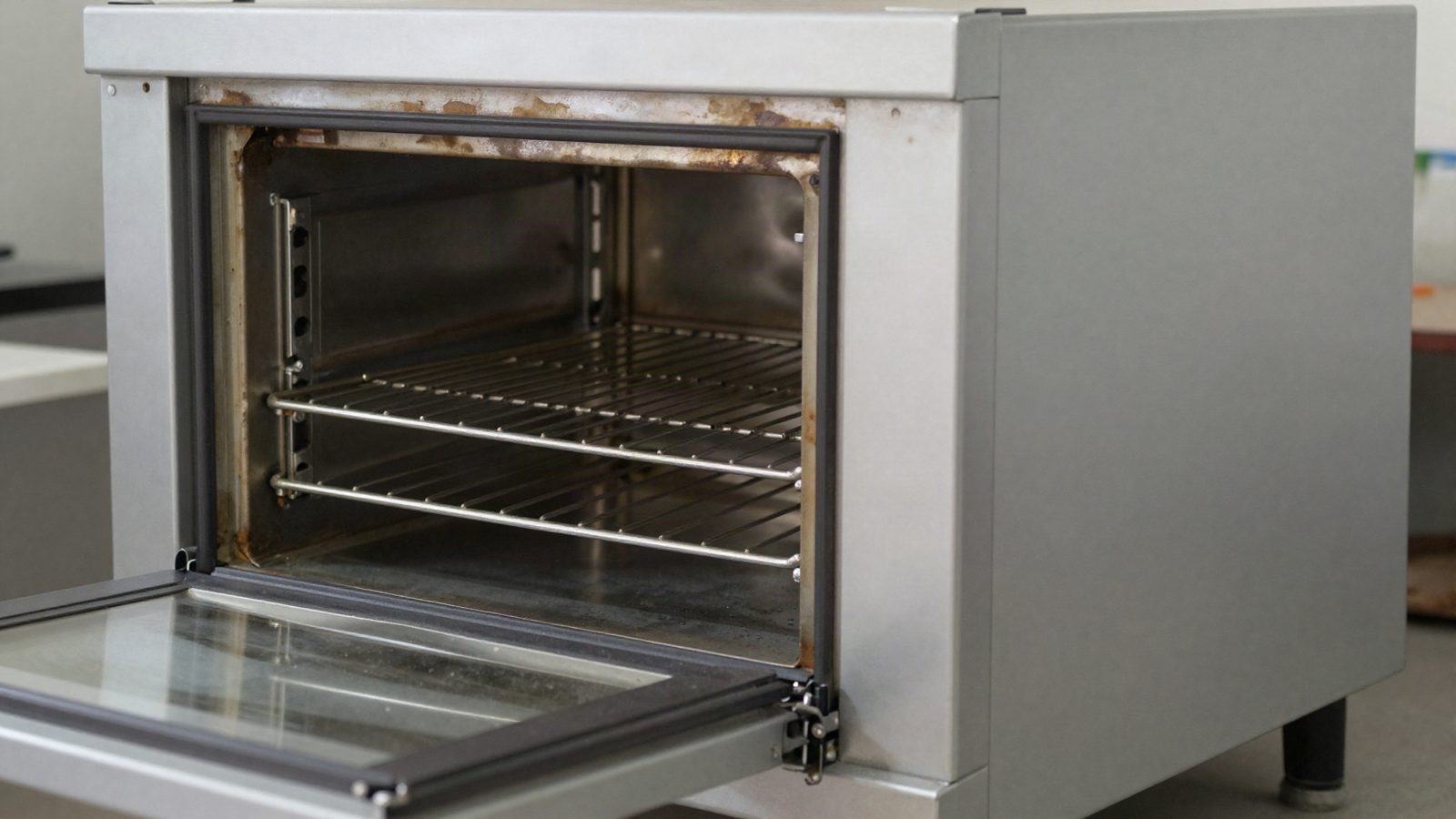 A commercial combi oven with the door open and racks inside