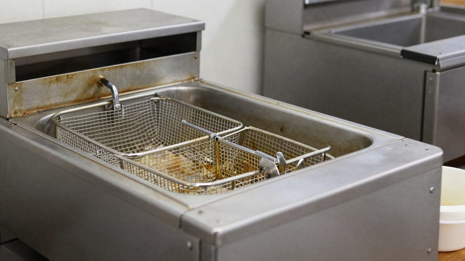 A commercial deep fryer with its fry baskets lifted out