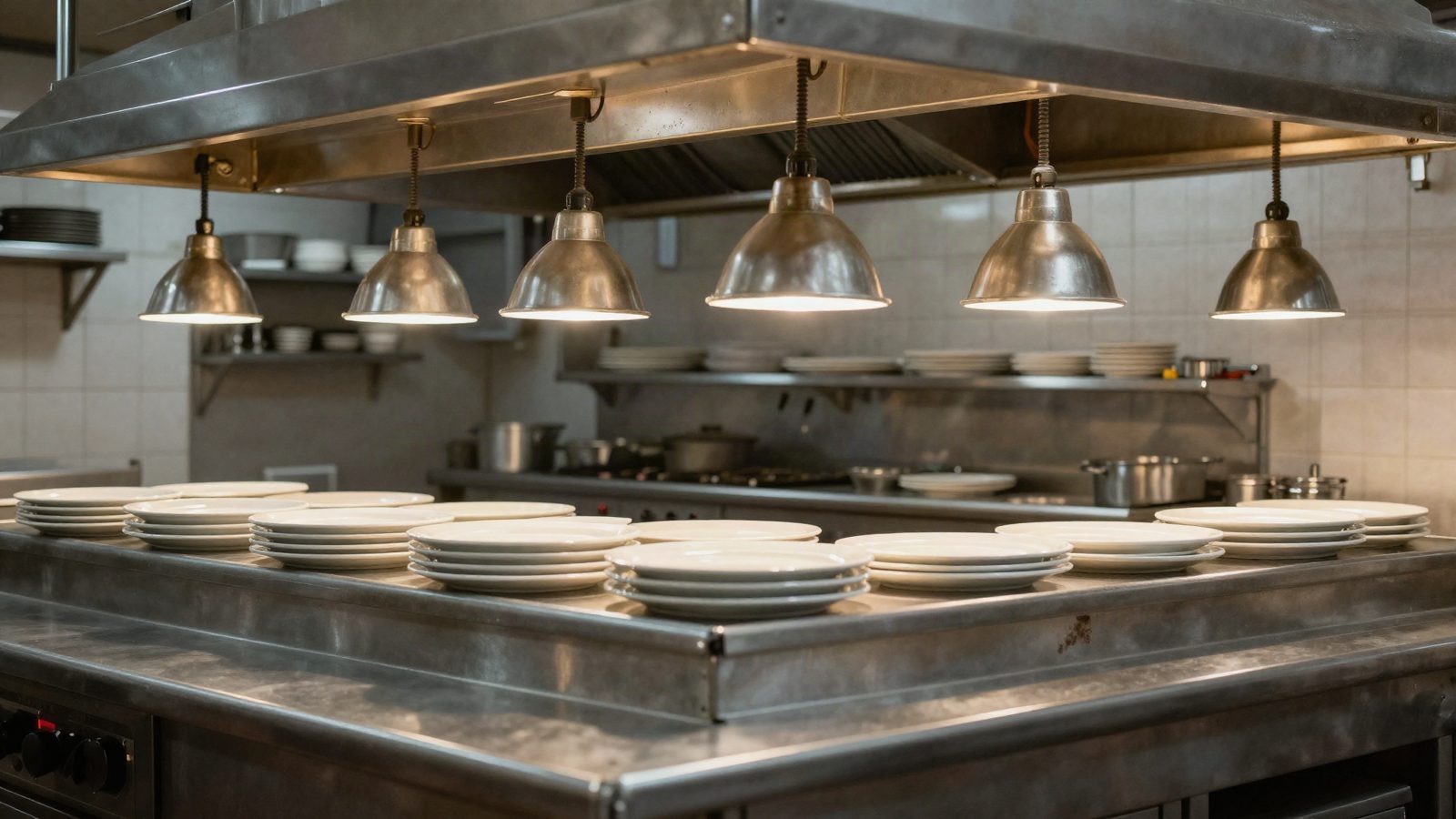 A kitchen pass with heat lamps and plates waiting