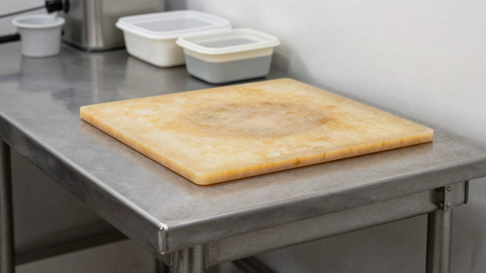 A stainless prep table with a cutting board and food containers